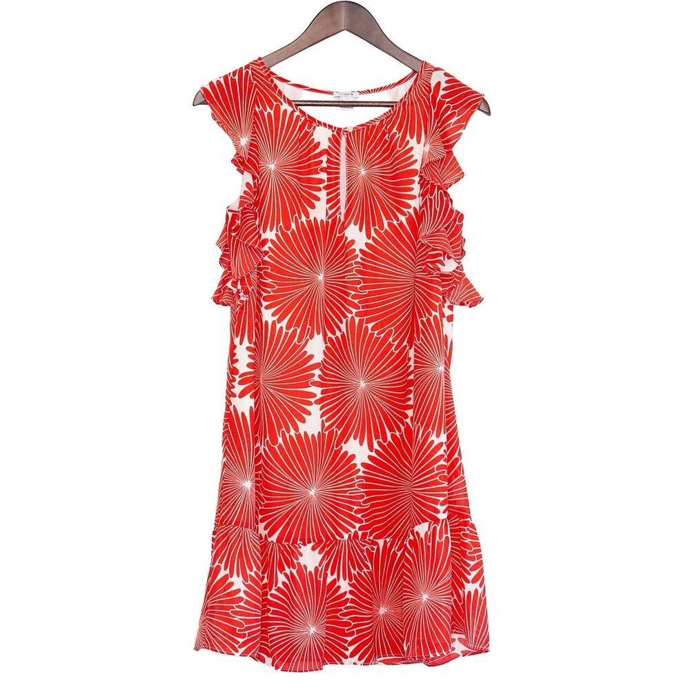 J Crew Floral Ruffle Dress Women XS Red White Resort Preppy Vacation Mini